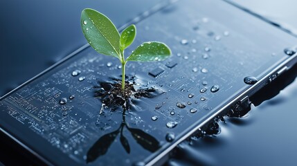 Green plants grow from electronic motherboards, expressing the balance between technology and environmental protection