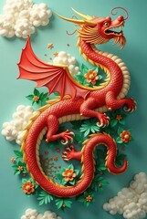 Fototapeta premium A Majestic Crimson Dragon Amidst Flourishing Paper Flowers and Clouds