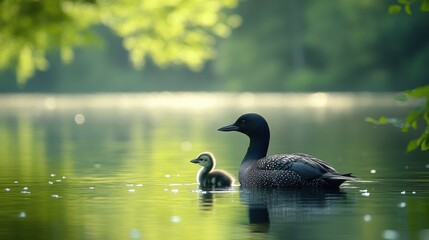 Obraz premium Adult Loon with Baby Chick in Serene Lake Setting with Copy Space