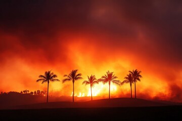 Silhouetted palms and fire