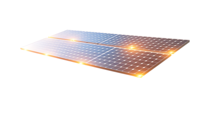 Floating solar panel array with holographic energy output stats, glowing orange photovoltaic cells, pure white background