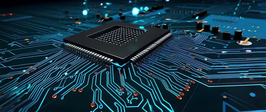 Anamorphic video of Close-up of a modern circuit board, Futuristic Quantum CPU
