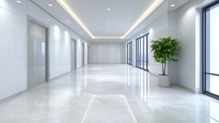 Fototapeta premium Brightly lit hallway with a green plant as centerpiece, modern interior design