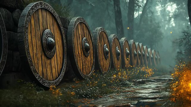 Line of shields in a misty forest setting showcasing ancient craftsmanship and natures beauty