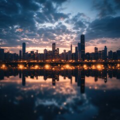 Obraz premium City skyline reflected in water at night