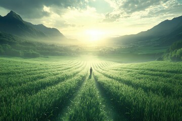 Fototapeta premium Person walks through field towards valley under a bright sky, mountain backdrop