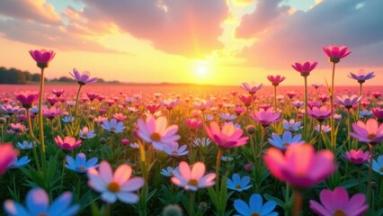 Fototapeta premium Serene Sunset Over a Vast Field of Delicate Blossoms, Bathed in Golden Light