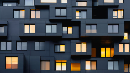Obraz premium Modern Architectural Facade: A stunning close-up of a contemporary building facade, its dark exterior punctuated by a grid of rectangular windows, bathed in a warm, inviting glow.