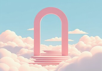 Dreamy pink archway leading to a staircase in fluffy clouds