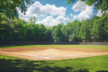 Baseball field surrounded by trees in the background, showcasing sports and leisure lifestyle