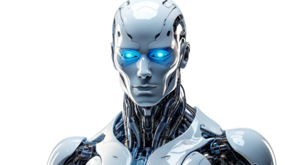 A humanoid robot with a sleek, futuristic design and glowing blue eyes, isolated on transparent background