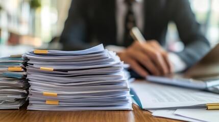 A high stack of documents sits on a desk.  A person is working at the desk