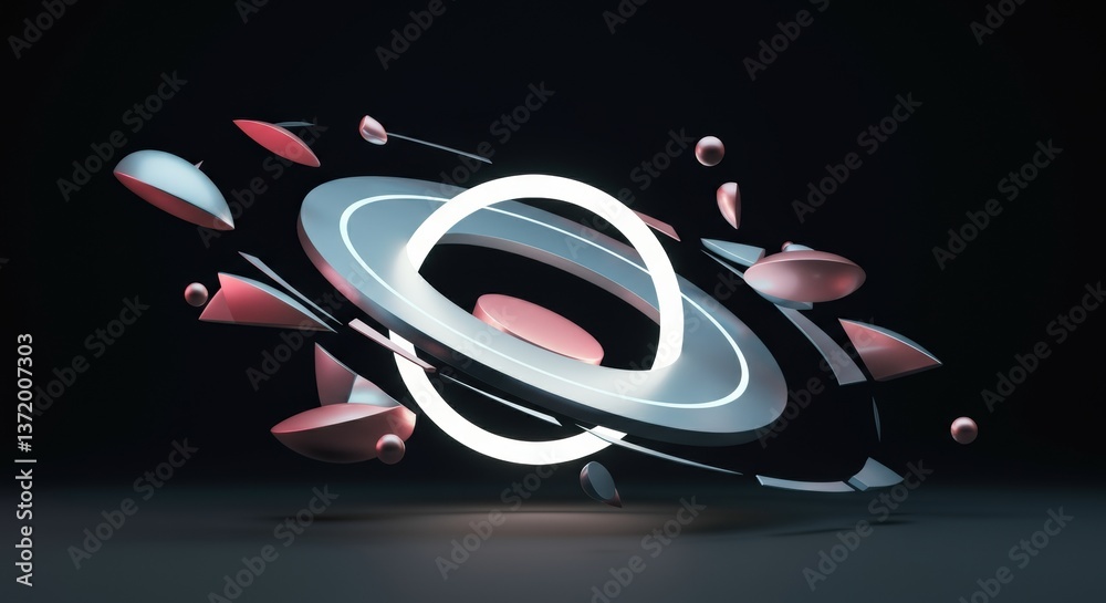 Fototapete Abstract 3D rendering of a dynamic ring structure with floating elements