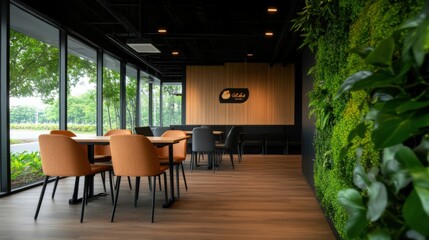 Restaurant interior with nature wall