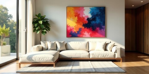 Modern Sectional Sofa and Abstract Artwork in a Sunlit Living Room with Large Window