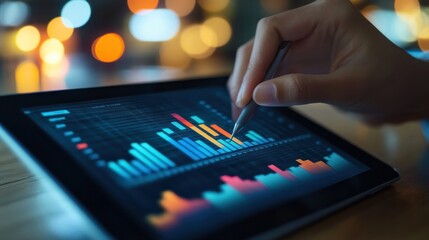 Analyzing data on a tablet. A hand interacts with a tablet displaying colorful bar graphs