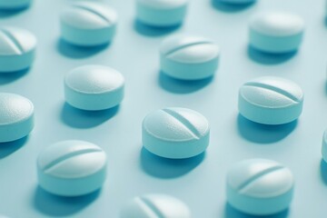 Round Blue Pills Arrangement on Blue Background for Medical Concept