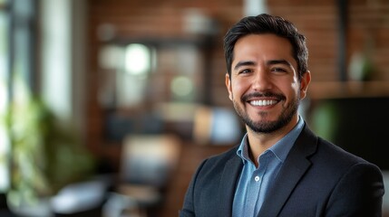Obraz premium Happy latino businessman in suit at the office, portrait shot. Use it to showcase professionalism and a positive work environment.