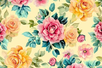 Colorful repeating motifs of bohemian roses and dahlias.