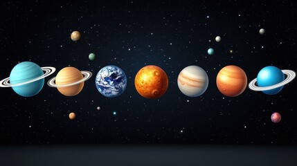 A stunningly detailed illustration depicts the planets of our solar system aligned in a row against a backdrop of twinkling stars and cosmic dust in deep space.