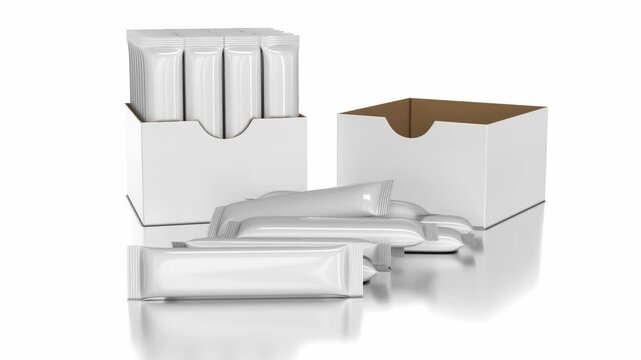 Realistic stick sachets falling on white surface next to display box with stick sachets and empty display box. 3d animation