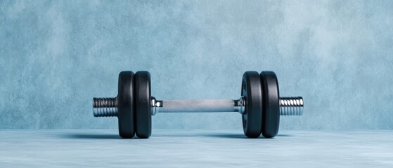 Dumbbell weight on light blue surface