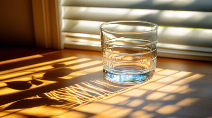 Clear glass cup in bright light, casting radial reflections on oak desk, interplay of leaf shadows and linear window light