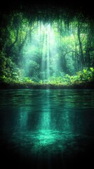 Naklejka premium Sunbeams filter through lush green foliage into pristine waters