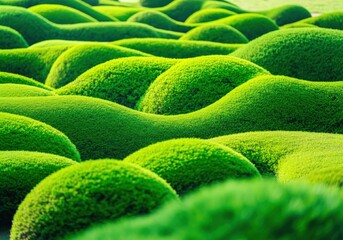 Fototapeta premium Lush green mounds of manicured shrubs create a serene landscape