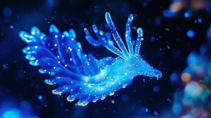 Fototapeta premium Bioluminescent Sea Creature Glowing Underwater in Vibrant Blue Tones