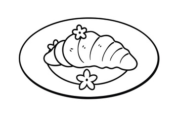 Delicious Croissant on Plate with Flowers, Simple Line Art