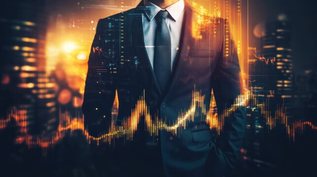 Businessman in a suit, overlaid with financial data, night city background