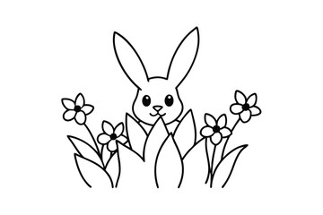 Cute Bunny Hiding in Spring Flowers Meadow Illustration