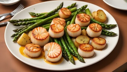A high-angle, close-up shot captures a plate of seared scallops, roasted potatoes, and asparagus