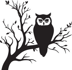 Fototapeta premium Black flat silhouette vector icon, A wise owl perched on a tree branch at night