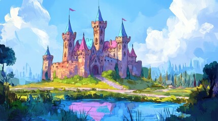 Fototapeta premium Enchanted Fairy Tale Castle Surrounded by Lush Green Landscape