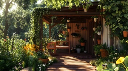 Obraz premium 2. A cozy garden house with a wooden porch and hanging plants