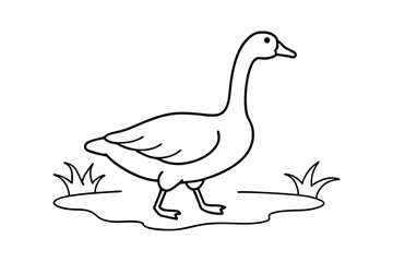 Simple Line Drawing of a Goose by a Pond with Grass