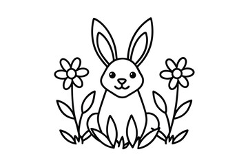 Cute Bunny Rabbit Sitting in Spring Flowers Garden Illustration