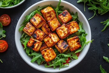 Grilled tofu cubes on a bed of arugula salad