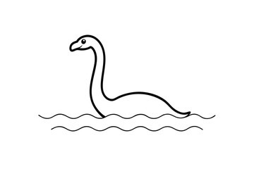 Loch Ness Monster Cartoon, Simple Line Art, Scottish Legend, Cryptid Creature, Lake Monster Illustra