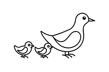 Mother Bird and Two Chicks Line Art, Family, Nature, Cute, Birds