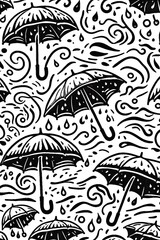 Rainy Day Doodle with Umbrellas and Swirling Clouds