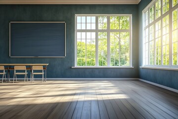Fototapeta premium Empty classroom bathed in sunlight, view through windows with lush green trees, interior