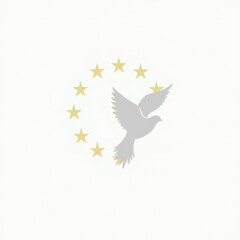 Obraz premium A peace dove in flight, surrounded by EU stars in a circular formation on a white background, symbolizing unity and peace with minimalist design elements.