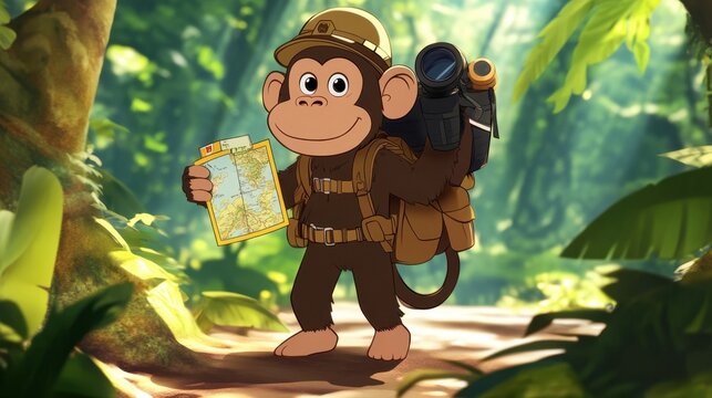 Cartoon monkey explorer with map and camera in vibrant jungle scene