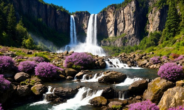 Breathtaking sunrise over a cascading waterfall in a scenic spring meadow – Dreamlike landscape with golden hues and tranquil waters
