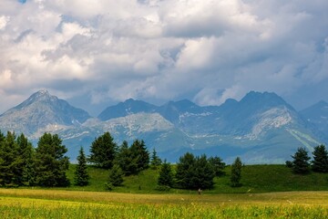Obraz premium Mowing a meadow under mountain peaks. Foothill landscape with trees and peaks in the background with a dramatic sky and an approaching storm. Lush summer landscape of the High Tatras
