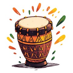 Ornate African Djembe Drum with Colorful Splashes. This illustration features a traditional hand drum decorated with tribal patterns.