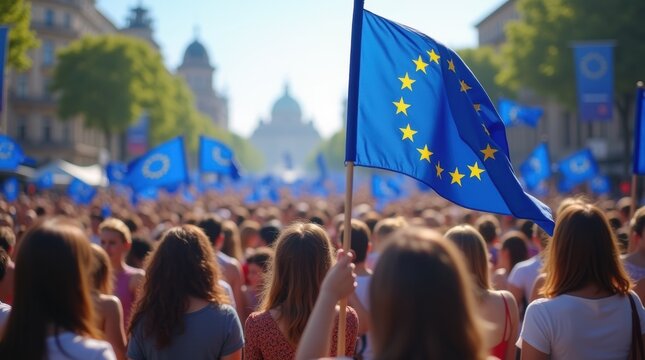 A group of people in a public gathering waving EU flags in celebration under a sunny sky, creating a vibrant and energetic scene.
